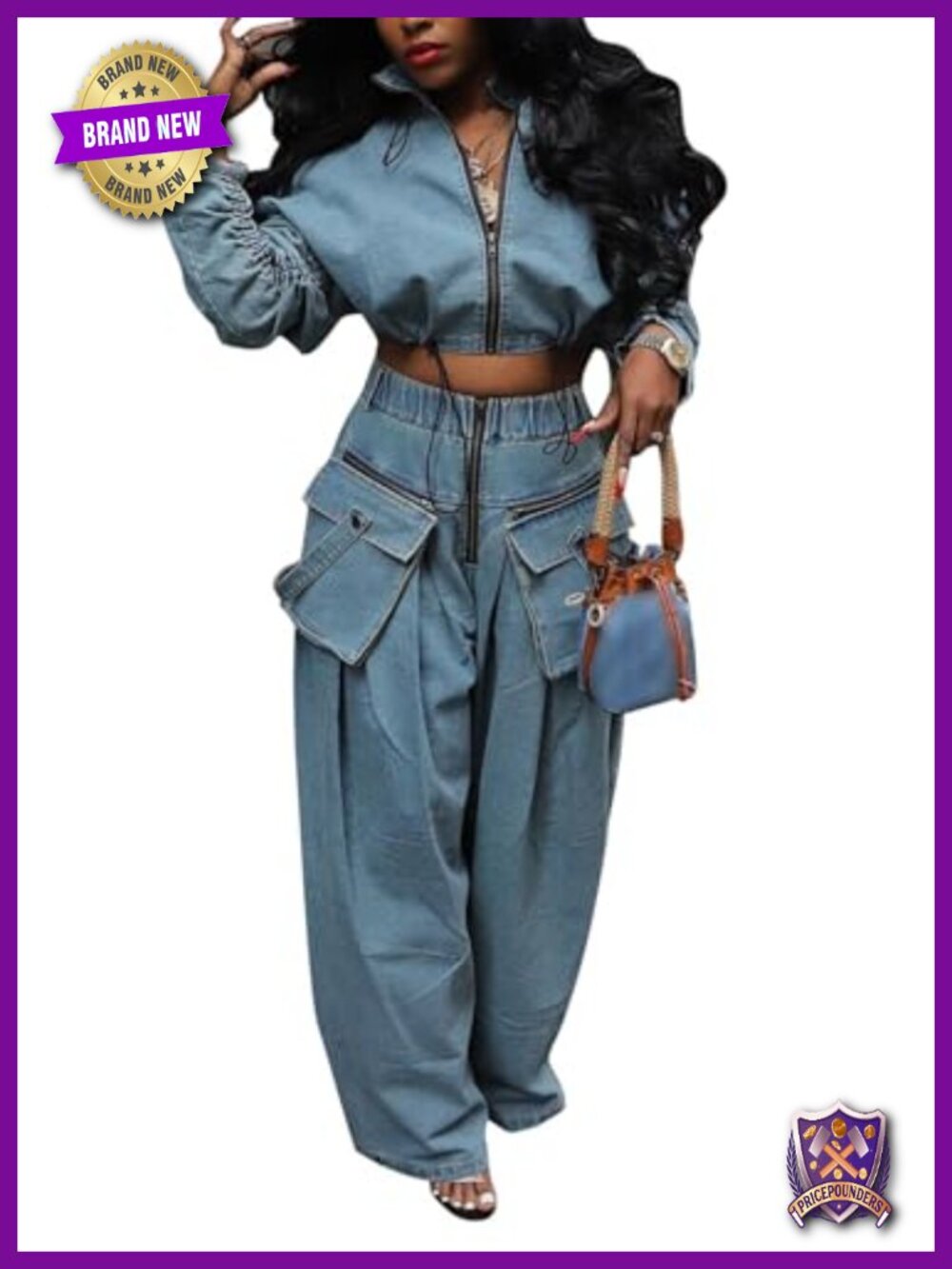 Women's 2 Piece Denim Cargo Jean Set Long Sleeve Zip Up Crop Jacket Wide Leg